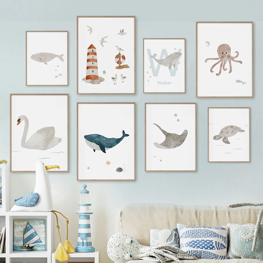 Baby Nursery Name Wall Art - Custom Name Whale Octopus Turtle Swan